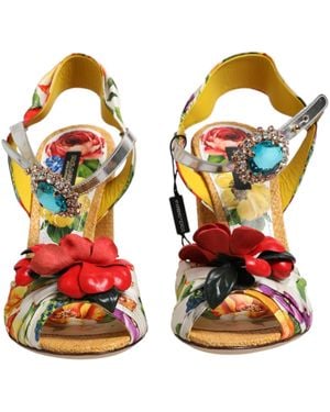 Dolce & Gabbana Floral Crystal Embellished Sandals Shoes Se+Lamb+Goat+Straw+10Lf - Orange
