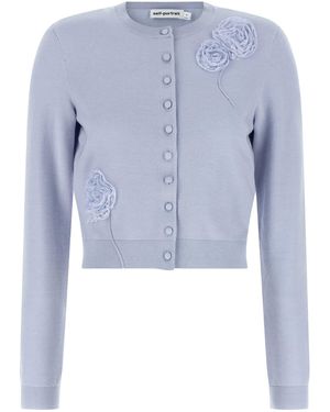 Self-Portrait Lace Flower-Embellished Knit Cardigan - Blue