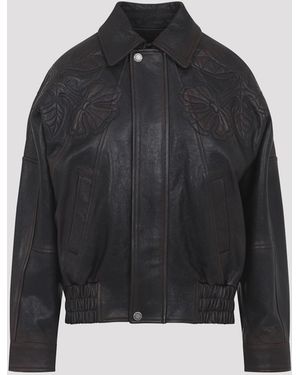 Golden Goose Leather Bomber Jacket With Floral Embroidery - Black