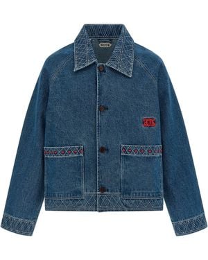 Bode Embroidery Denim Jacket Cotton Down Jacket, Parka, Casual - Blue