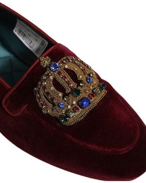 Dolce & Gabbana Velvet Crown Slip On Loafers Shoes Leather - Red