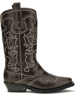 Ganni Mid Shaft Embroidered Western Boot Oleat - Black