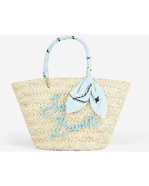 Mc2 Saint Barth Small Straw Bag Kylie With Embroidery And Paisley Handles - Blue