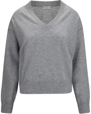 Brunello Cucinelli V-Neck Cashmere Sweater Kashmir/Capra Hircus - Gray