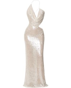 Amazuìn Iselin Cream-Colored Stretch Sequined Tulle Long Asymmetric Dress With Cut-Out Details - White