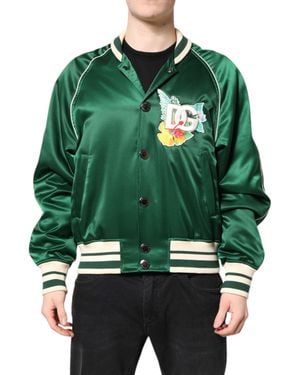 Dolce & Gabbana Satin Floral Patch Bomber Jacket - Green