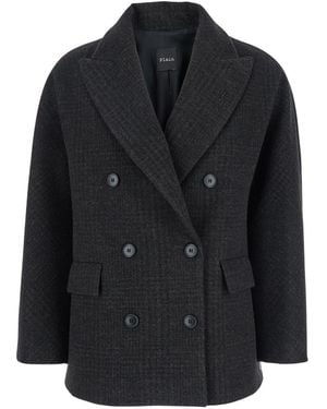 Le Plain Double-Breasted Jacket With Peak Revers And All-Over Check Motif - Black