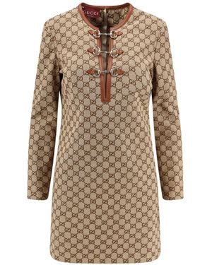 Gucci Cotton Blend Dress With All-over Gg Print - Natural