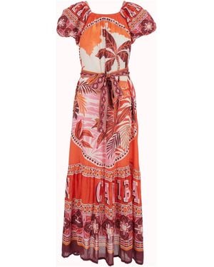 Miss June Long Dress Peony With V-Neck And Short Sleeves - Red
