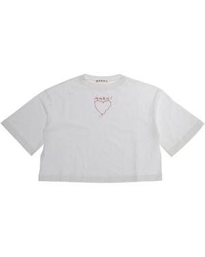 Marni Crop T-Shirt With Embroidered Logo — Cotton T-Shirts - White