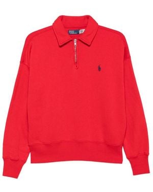 Ralph Lauren Long-Sleeve Quarter-Zip Polo Shirt Cotton Tops - Red