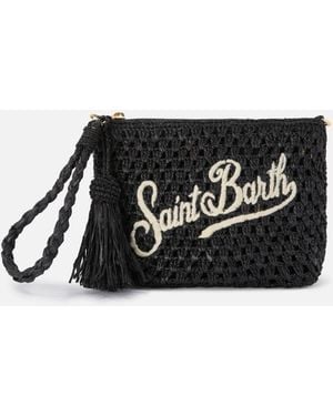 MC2 Saint Barth Raffia Pouch With Embroidered Logo Pochette - Black