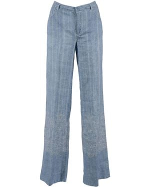 Ermanno Scervino Wide-Leg Linen Pants With Floral Hem Embroidery - Blue