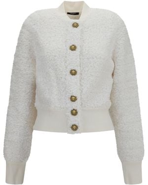 Balmain Tweed Bomber Jacket With Lion-Head Buttons - White