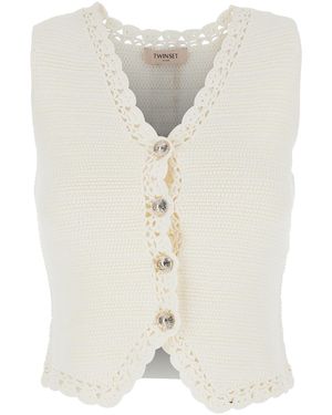Twinset V-Neck Crochet Knit Vest - White