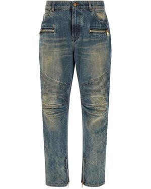 Balmain Knee-Ribbed Biker Denim Jeans - Blue