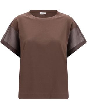 Brunello Cucinelli Cotton T-Shirt With Sheer Sleeves And Side Panels T-Shirts - Brown