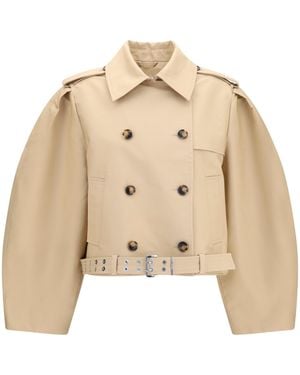 Ganni Double-Breasted Belted Jacket Cotton - Natural