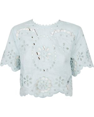 Zimmermann Cropped Linen Top With Scalloped Embroidery - Blue