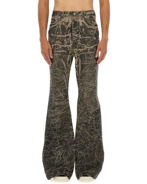 Rick Owens Distressed Flared Denim Trousers With Five-Pocket Design - Green