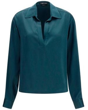 Tom Ford Deep V-Neck Silk Shirt - Blue