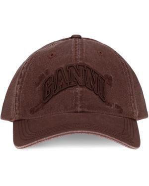 Ganni Cotton Baseball Cap With Embroidered Logo Hats E Hairbands - Brown
