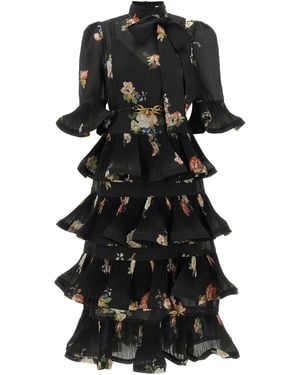 Zimmermann Pleated Flounce With Botanical Print Dress - Black