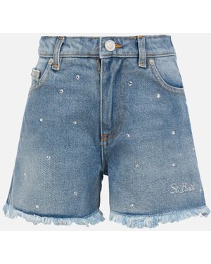MC2 Saint Barth Kiko Jr Denim Shorts With Rhinestone Embellishments Sky Pant - Blue