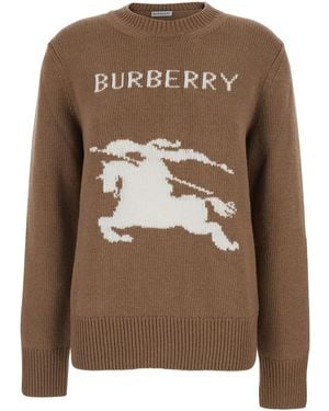 Burberry Crewneck Sweater With Maxi Ekd Embroidery On The Front And Logo Lettering - Brown