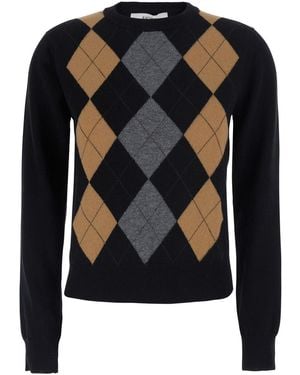 Jucca Round-Neck Sweater With Argyle Motif — Wool Tops - Black