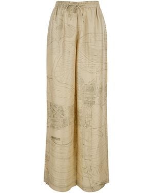 Rohe Silk Trousers With Elastic Waist And Drawstring All-Over Print For Trousers - Natural