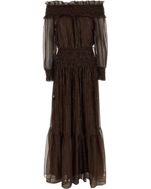 Self-Portrait Off-Shoulder Georgette With Lamé Dress - Brown