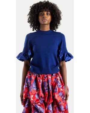 Noir Kei Ninomiya Knit Top With Satin Ruffles - Blue