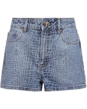 Self-Portrait Rhinestone Croc-Effect Denim Shorts - Blue