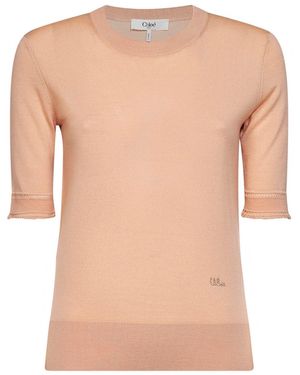 Chloé Tender Peach Virgin Wool Knit Embroidered Short-Sleeved Jumper - White