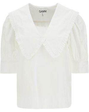 Ganni Blouse With Exaggerated Collar And Ruffle - White