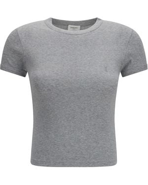 Saint Laurent Fitted Cotton T-Shirt With Embroidered Logo T-Shirts - Gray