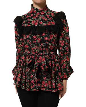Dolce & Gabbana Floral Print Long Sleeve Blouse Top - Black
