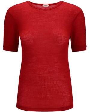 Versace Ribbed Knit T-Shirt Fleece Wool Ovis Aries T-Shirts - Red