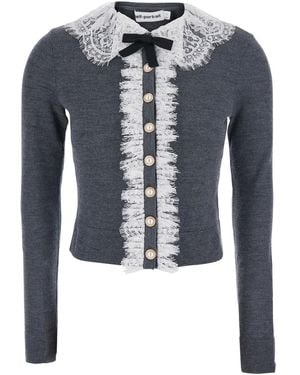 Self-Portrait Cardigan With Lace Collar, Wool Tops - Blue