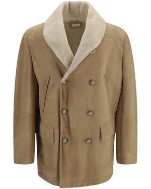 Brunello Cucinelli Curly Suede Shearling Pea Coat With Shawl Collar Sheep - Natural