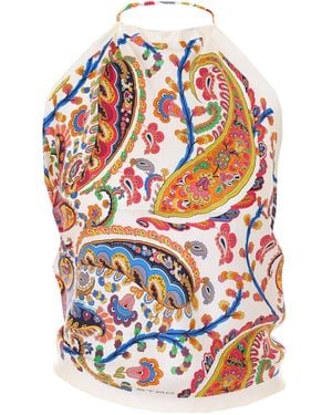 Etro Silk Top With American Neckline And Floral Paisley Pattern - White
