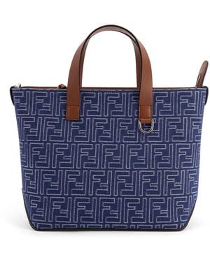 Fendi Ff Jacquard Fabric And Leather Shopping Bag - Blue