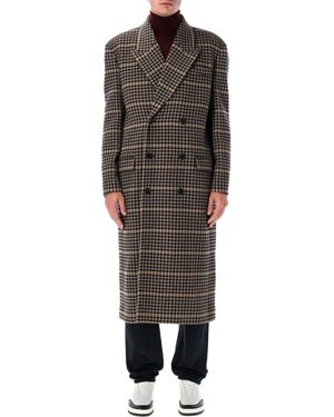 Saint Laurent Checked Wool Long Coat - Multicolour