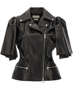 McQueen Sleeveless Leather Jacket With Knotted Drapery - Black