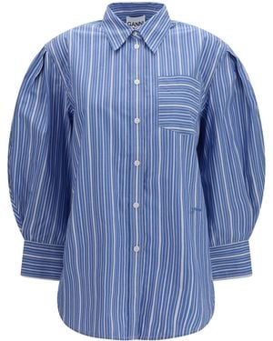 Ganni Striped Cotton T-Shirt - Blue
