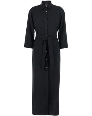 Plain Long Dress With Classic Collar And Front Button Closure Fabric - Black