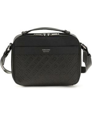 Ferragamo Leather Crossbody Bag Gancini Pattern Calf Shoulder - Black
