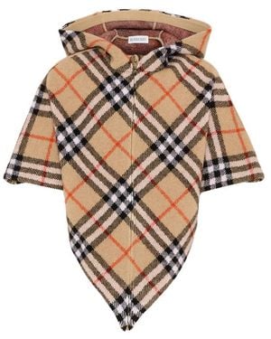 Burberry Check Pattern Wool Hooded Sweater Coats - Natural