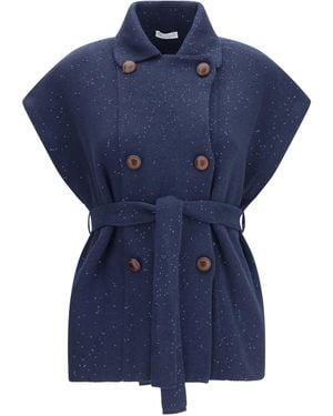 Brunello Cucinelli Double-Breasted Sequin Vest Cotton; Polyester Blazers & Vests - Blue